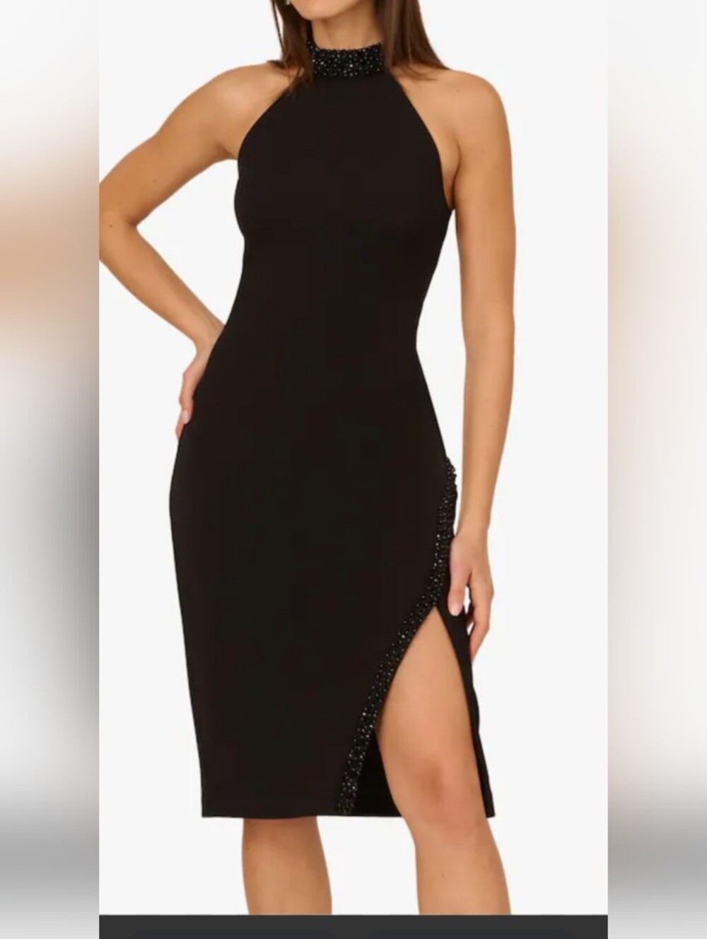 Adrianna Papell Black One-Shoulder Halter Midi Dress with Beaded Trim